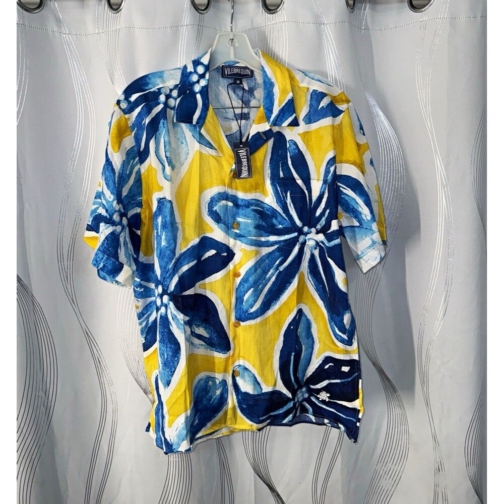 Vilebrequin Chelly Men's Linen Short Sleeve Button-Up Floral Shirt Blue M